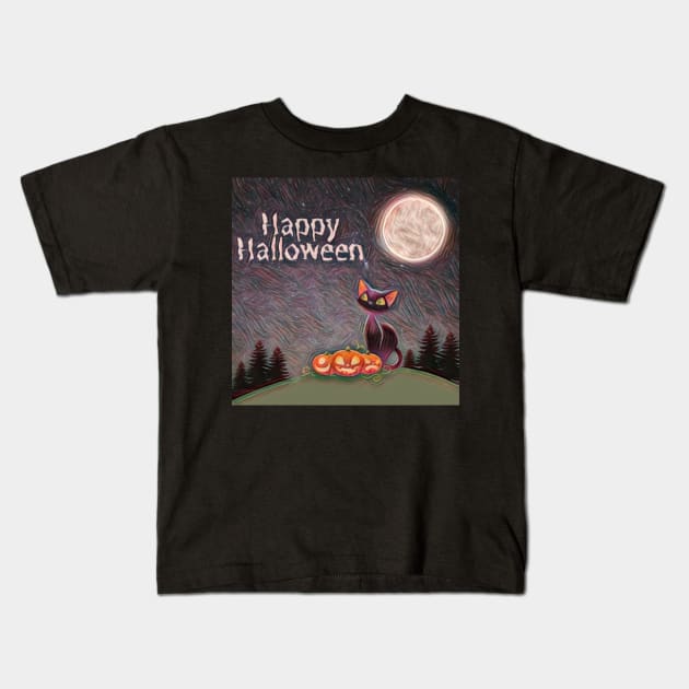 Black Cat Happy Halloween Design Kids T-Shirt by Del Vecchio Designed 